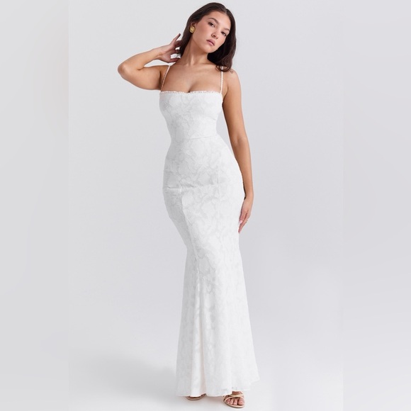 House of CB Joan Ivory Lace Up Back Maxi Dress Size M - Picture 2 of 14